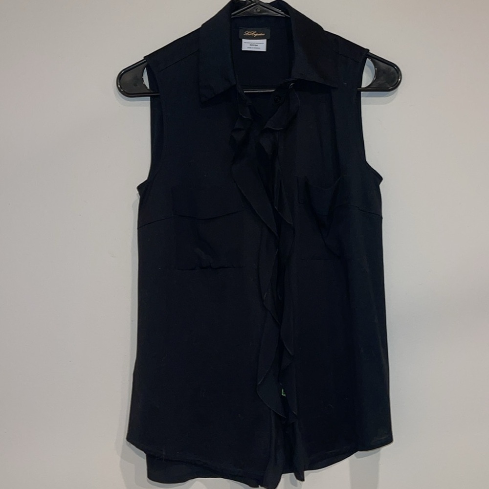 Les Copaines black short sleeve button down silk ruffle detail 40
